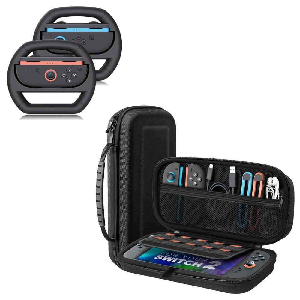 imageTiMOVO Carrying Case for Nintendo Switch 2 2025 with Protective Hard Shell and Steering Wheel Compatible with Nintendo Switch 2 JoyCon Black