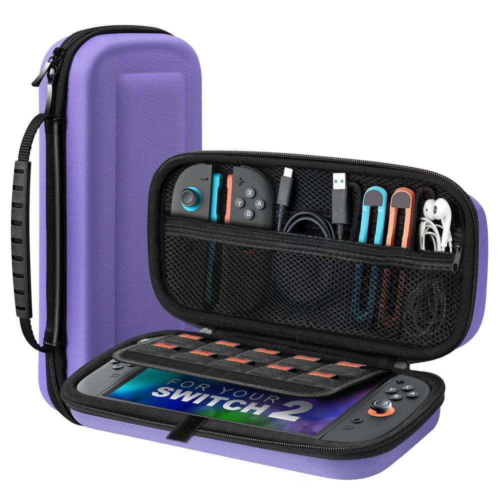image:imageTiMOVO Portable Carrying Case for Nintendo Switch 2 2025 Large Capacity Protective Hard Shell Travel Case Pouch for Switch 2 with 20 Game Card Slots and Pockets for Console amp Accessories BlackPurple