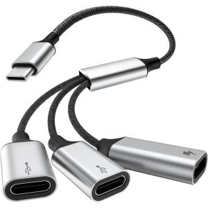 TiMOVO USB C Splitter Adapter Y Cable, Type C Male to 2 USB-C Female & 1 USB-A Female Ports Converter, Data Transfer and Charging Type C Splitter for Steam Deck, ASUS ROG Ally, Xbox One Series, PS5(USB-C to USB-C)